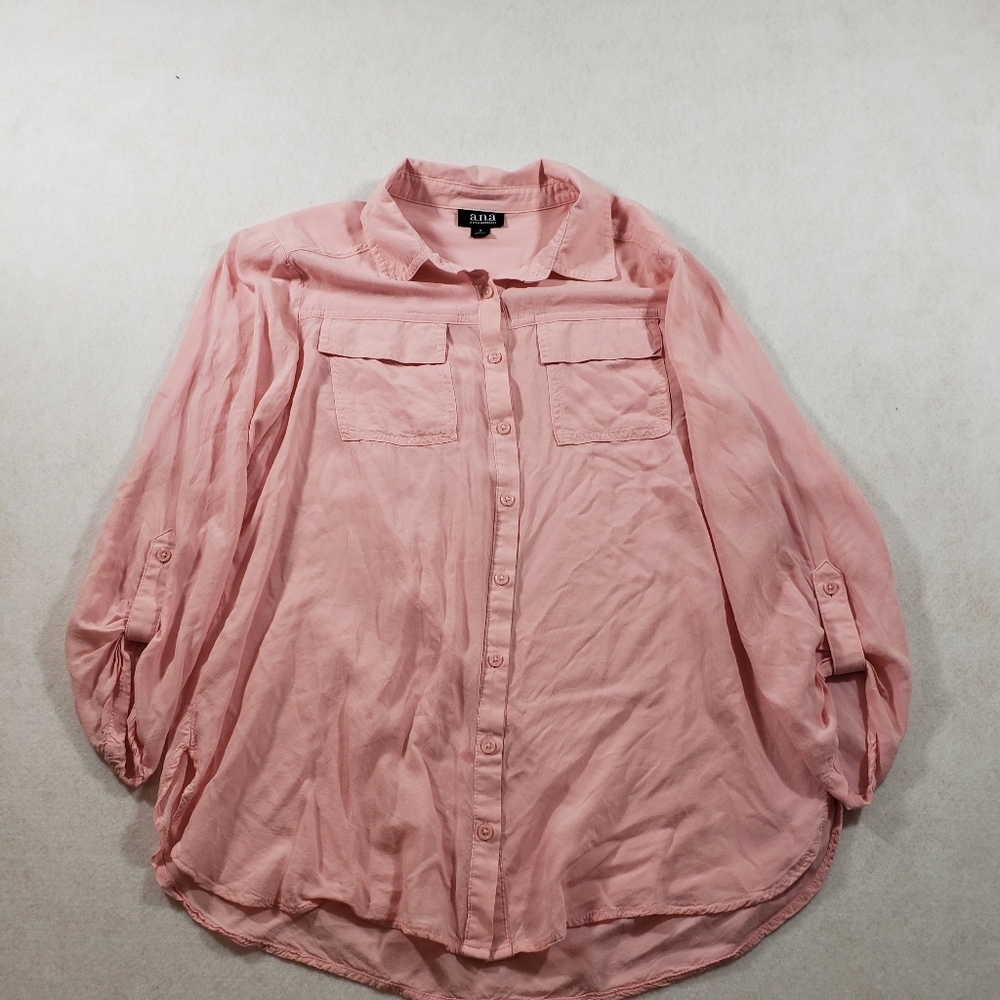 a.n.a Button Down Shirt Top pale pink Adjustable Tab sleeve Flowy Blouse…